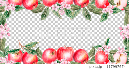Rectangular frame closed with red apples on foliage background. Isolated watercolor illustration for farm fruit design, agricultural fairs, organic product packaging 117997674