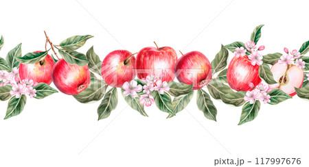 Seamless border with apples, leaves and pink flowers. Isolated watercolor illustration for farm fruit design, agricultural fairs, organic product packaging 117997676