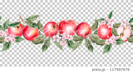 Seamless border with apples, leaves and pink flowers. Isolated watercolor illustration for farm fruit design, agricultural fairs, organic product packaging 117997676