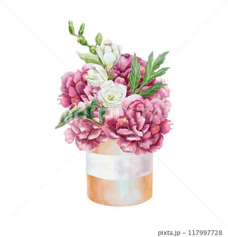 Peonies bouquet with freesia watercolor. Burgundy and white flowers in a cardboard box. Hand drawn illustration isolated. Birthday greeting cards, wedding invitations, labels, banners, posters. 117997728