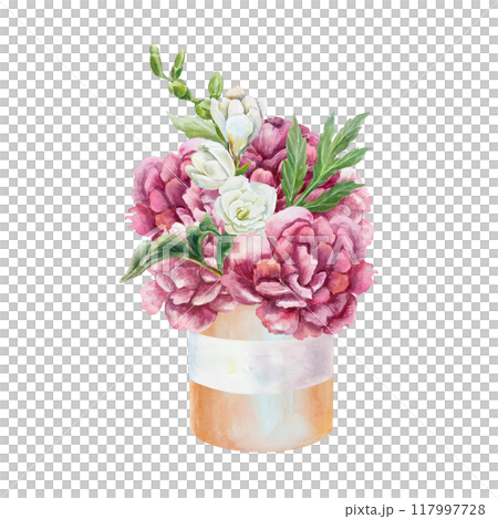 Peonies bouquet with freesia watercolor. Burgundy and white flowers in a cardboard box. Hand drawn illustration isolated. Birthday greeting cards, wedding invitations, labels, banners, posters. 117997728