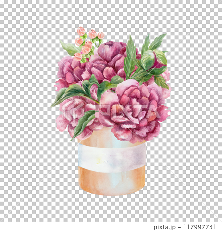 Peonies bouquet watercolor. Beautiful burgundy flowers in a cardboard box. Hand drawn illustration isolated on white. For birthday greeting cards, wedding invitations, labels, banners, posters. 117997731