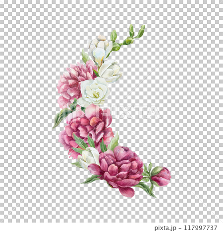 Peonies watercolor. Beautiful bouquet with a branch of white freesia, semicircle. Hand drawn illustration isolated on white. For birthday greeting cards, wedding invitations, labels, banners, posters. Peonies watercolor. Beautiful bouquet with a branch of white freesia, semicircle. Hand drawn illustration isolated on white. For birthday greeting cards, wedding invitations, labels, banners, posters. 117997737