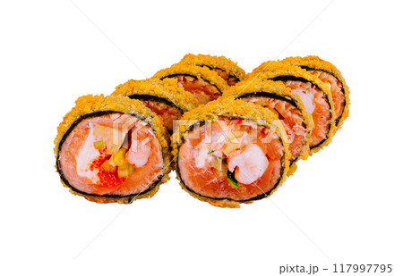 Tempura maki sushi rolls covered with sesame seeds lying on white background Tempura maki sushi rolls covered with sesame seeds lying on white background 117997795
