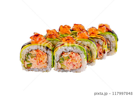 Delicious sushi rolls with salmon and avocado lying on white background Delicious sushi rolls with salmon and avocado lying on white background 117997848