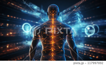 Man with glowing spine pain and spinal issues visualization on blurred background 117997892