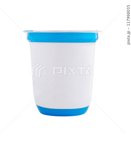Blank white plastic container with blue lid isolated on white background 117998035