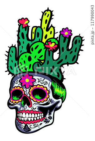 Mexican skull with cacti on top. Bright vector isolated illustration 117998043