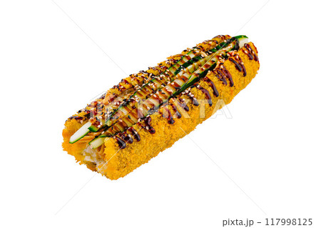 Tempura sushi roll topped with cucumber and sesame seeds on white background 117998125