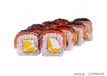 Sushi rolls with mango and cream cheese filling are covered with red fish and black sesame seeds 117998197