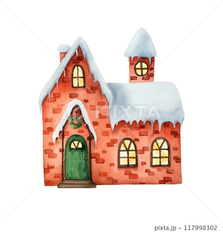 Winter snow-covered house. Christmas watercolor hand painted illustration isolated on background. For designers, decoration, shop, for postcards, wrapping paper, covers. For posters and textile. Winter snow-covered house. Christmas watercolor hand painted illustration isolated on background. For designers, decoration, shop, for postcards, wrapping paper, covers. For posters and textile. 117998302