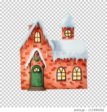 Winter snow-covered house. Christmas watercolor hand painted illustration isolated on background. For designers, decoration, shop, for postcards, wrapping paper, covers. For posters and textile. 117998302