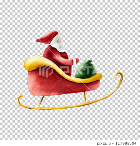 Santa Claus riding in red sleigh with bag of gifts. Christmas watercolor hand painted illustration isolated on background. For designers, decoration, shop, for postcards, wrapping paper, covers. For p 117998304