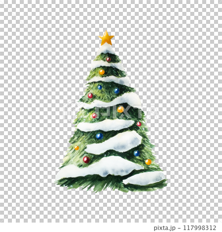 Christmas tree in the snow with toys, balls. Christmas watercolor plant with gold star, hand painted illustration isolated on background. For designers, decoration, shop, for postcards, wrapping paper Christmas tree in the snow with toys, balls. Christmas watercolor plant with gold star, hand painted illustration isolated on background. For designers, decoration, shop, for postcards, wrapping paper 117998312