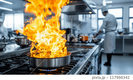 厨房のフライパンからの火災 厨房のフライパンからの火災 117998342