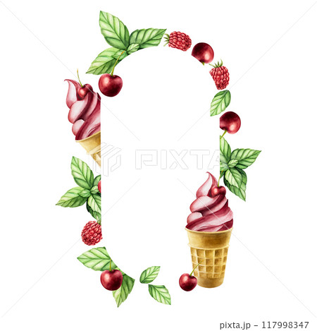 Frame, logo, template with cherry soft ice cream in crispy waffle cone with fresh berries. Hand painting sweet watercolor illustration isolated on background. For designers, menu, shop, decoration, 117998347