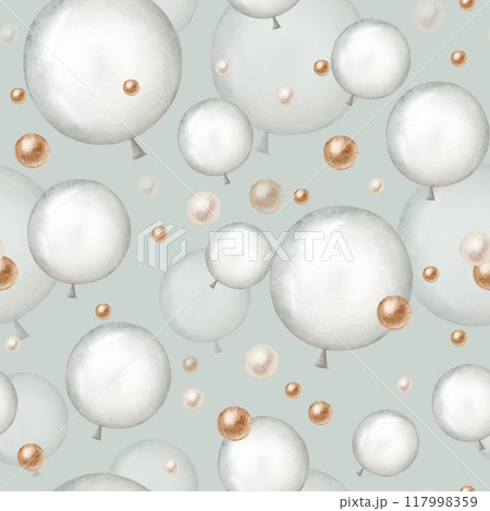 Seamless pattern with silver and foil balloons. Hand drawn watercolor birthday and party decoration isolated on background. Shiny element for designers, prints, baby shower, postcards, wrapping paper, 117998359