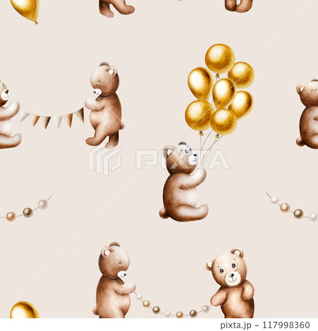 Seamless pattern with cute cartoon teddy bears with golden foil balloons on a strings, birthday garland of brown and beige flags. Hand drawn watercolor baby illustration isolated on background. Lovely 117998360