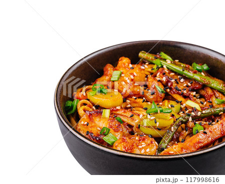 Spicy stir-fried chicken with vegetables in bowl 117998616