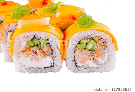 Exquisite mango sushi roll on white Exquisite mango sushi roll on white 117998617