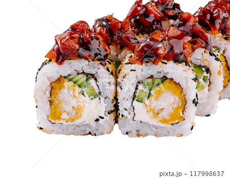Unagi sushi rolls with sauce on white background 117998637