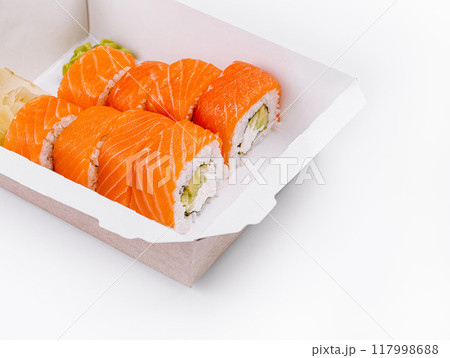 Fresh salmon sushi roll in takeaway box 117998688