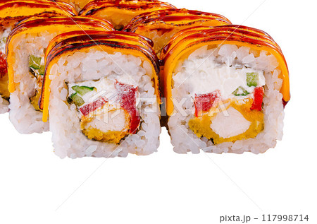 Delectable dragon roll sushi isolated on white Delectable dragon roll sushi isolated on white 117998714