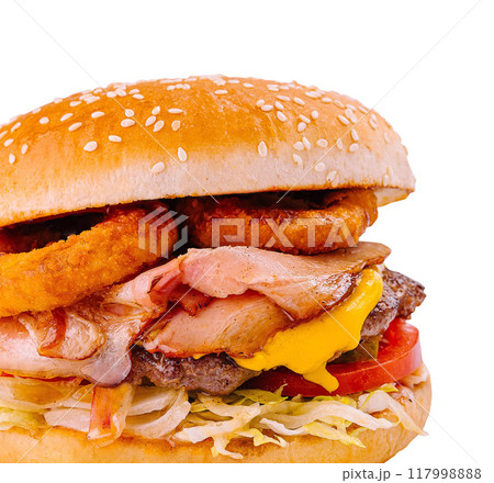 Delicious bacon and onion rings cheeseburger isolated on white Delicious bacon and onion rings cheeseburger isolated on white 117998888
