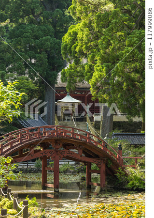 日本　三重県伊勢市朝熊町岳にある金剛證寺の連間の池に架かる連珠橋 117999086