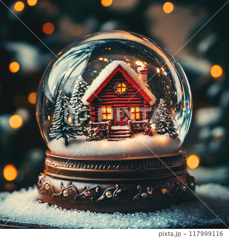 A festive snow globe featuring a cozy log cabin surrounded by snow-covered trees, illuminated with warm lights A festive snow globe featuring a cozy log cabin surrounded by snow-covered trees, illuminated with warm lights 117999116