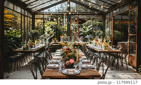 A beautifully decorated greenhouse dining setup, featuring long wooden tables adorned with elegant floral arrangements and surrounded by lush greenery. 117999117