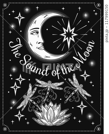 Magic poster, card with moon with face, flying dragonfly, magic Lotus, scattered stars, text. Mystical monochrome illustration in vintage art nouveau style. 117999150