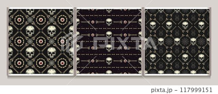 Halloween geometric patterns with bones, skull, eyeballs, spiders. Gothic bizarre illustrations. Textured black background. Vintage style. 117999151