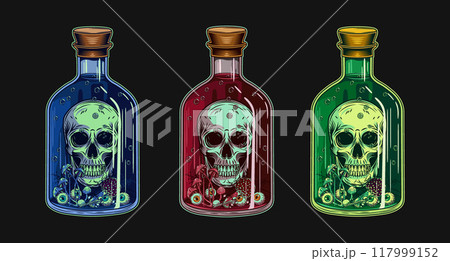 Set of colorful big bottles of poison, potion with human skull, eyeballs, mushrooms inside. Witchcraft concept. Halloween creepy illustration in vintage style on black background. Not AI Set of colorful big bottles of poison, potion with human skull, eyeballs, mushrooms inside. Witchcraft concept. Halloween creepy illustration in vintage style on black background. Not AI 117999152