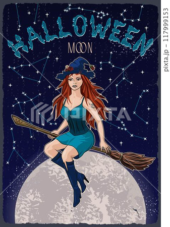 Halloween poster with young beautiful witch flying on broomstick, full big moon behind, zodiacal constellation, text. Colorful illustration in vintage style. Otherworldly, mystical illustration 117999153