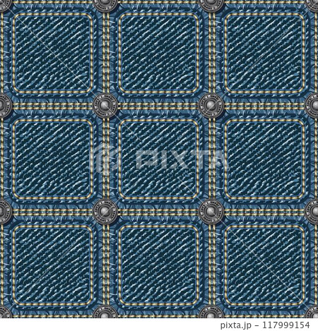 Seamless blue denim pattern with square fabric patches, double stitching, buttons. Classic geometric grid. Vintage style. 117999154