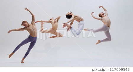 Group of dancers in synchronized motion, capturing dynamic leap, showcasing their grace in perfect harmony against white background. Group of dancers in synchronized motion, capturing dynamic leap, showcasing their grace in perfect harmony against white background. 117999542