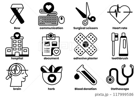 Set of collection of illustrations in the concept of medical objects Set of collection of illustrations in the concept of medical objects 117999586