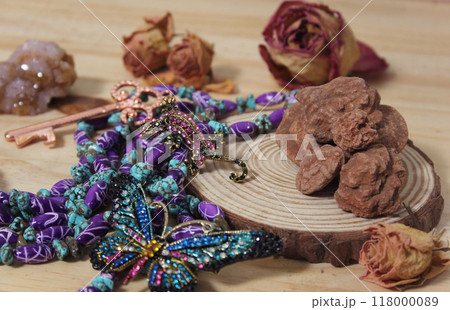 Southwestern Style Jewelry on Wooden Table With Rustic Decor Southwestern Style Jewelry on Wooden Table With Rustic Decor 118000089