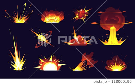 Cartoon bomb explosions. Fiery boom effect. Smoke clouds. Explosive energy. Weapon detonation. Dynamite and atomic danger. Game asset. Destruction attack. Burst elements vector set 118000196