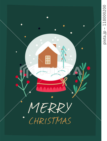 Christmas greeting card. Merry Xmas celebration poster. New year toys. Mistletoe branches. Glass snowglobe. Green plant twigs. Winter holiday. Festive event gift. Vector postcard design Christmas greeting card. Merry Xmas celebration poster. New year toys. Mistletoe branches. Glass snowglobe. Green plant twigs. Winter holiday. Festive event gift. Vector postcard design 118000200