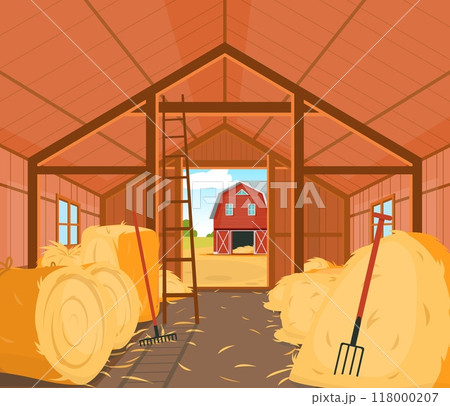 Interior barn with haystacks. Livestock feed storage. Wooden village building. Straw rolls. Dry wheat stalks in bundles. Rural house. Hay heaps with hayfork. Agriculture vector concept 118000207
