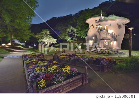 ゴールデンウィークのあけぼの子どもの森公園、ライトアップでパンジーの花壇ときのこの家が浮かび上がる 118000501