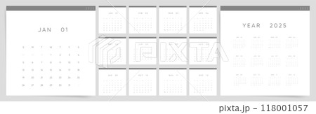 Minimalist 2025 Calendar. Clean Black and White Monthly Design Template. 118001057