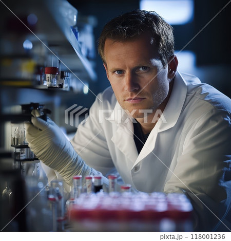 Scientist conducting research in a laboratory during evening hours 118001236