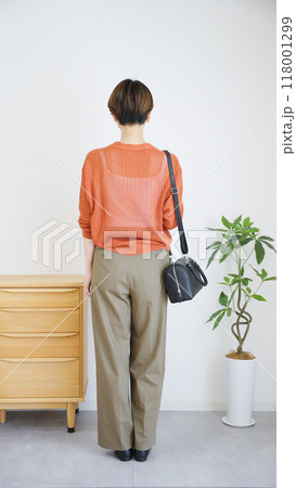 女性秋服夏服のファッションコーディネート全身(縦向き). 女性秋服夏服のファッションコーディネート全身(縦向き). 118001299