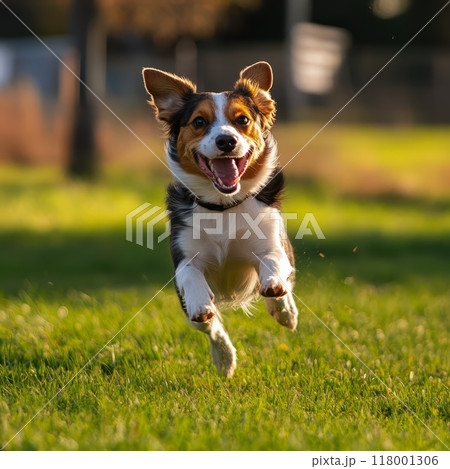 Happy dog running joyfully in green park during sunny afternoon 118001306