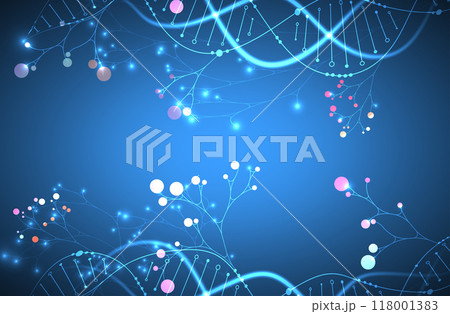 Scientific medical background with abstract image of dna molecule and tree branches. Neon glow effects and gradient. Hand drawn vector illustration. 118001383