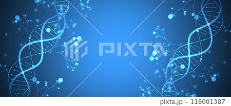 Scientific medical background with abstract image of dna molecule and tree branches. Neon glow effects and gradient. Hand drawn vector illustration. 118001387