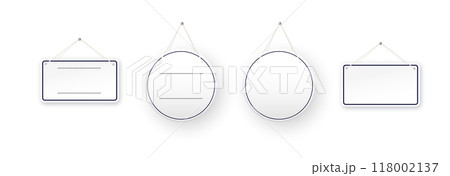 White round shop door signs hanging isolated on transparent background. Empty or blank sign for store, restaurant or cafe. Vector 118002137
